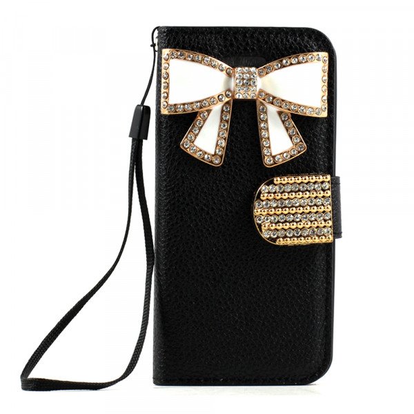 Wholesale iPhone 5 5S Crystal Flip Leather Wallet Case with Stand Strap (RibbonTie Black)